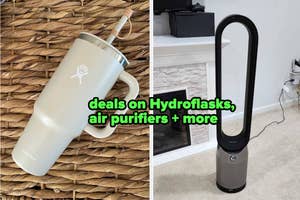 Deals on Hydroflasks, air purifiers, and more. The image shows a Hydroflask mug on the left and an air purifier in a living room on the right
