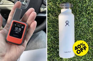 A person holds a Garmin device in their hand, showing 10:10 AM. Next to it, a white Hydro Flask bottle with a black lid sits on green grass
