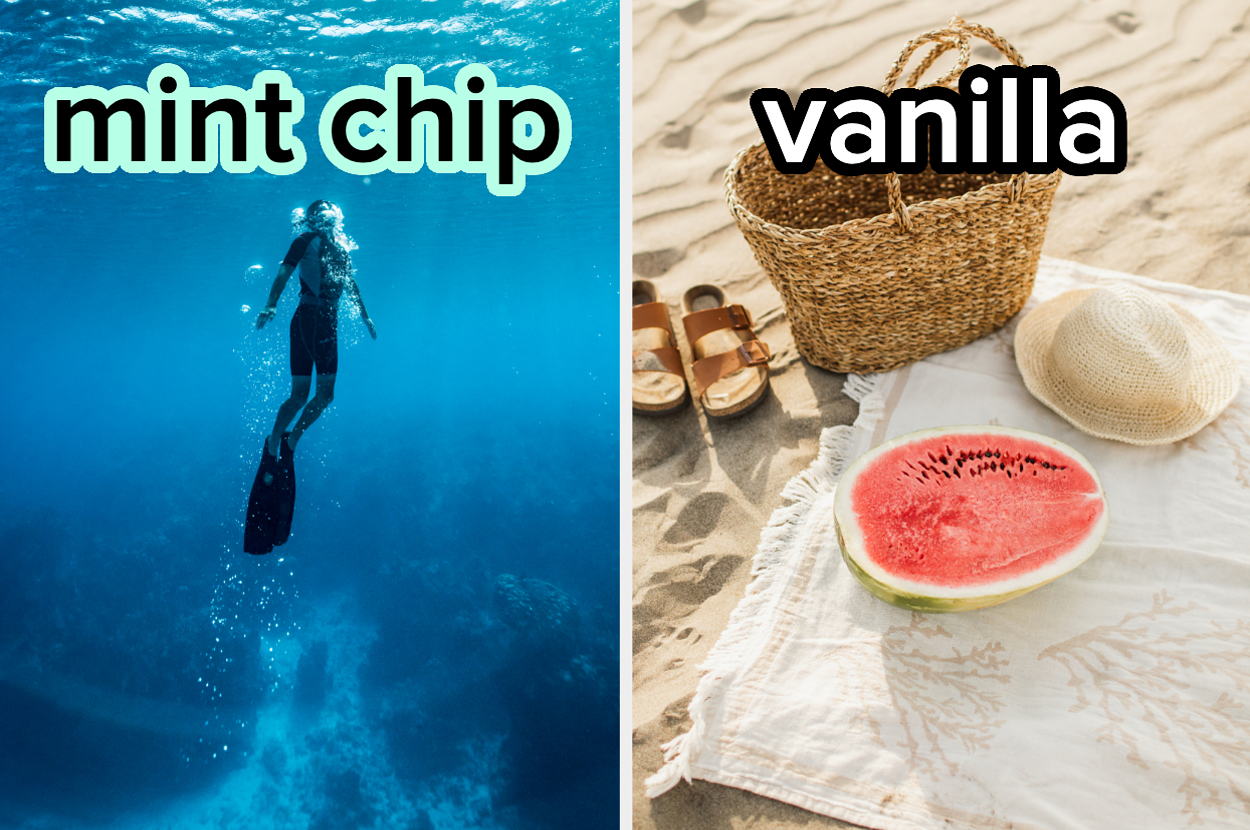 On the left, someone diving in the ocean labeled mint chip, and on the right, a picnic blanket on the beach labeled vanilla