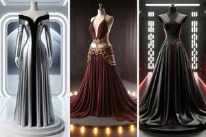 Three mannequins display elegant gowns: a futuristic silver off-shoulder gown, a maroon halter-neck gown with gold accents, and a black V-neck gown with red details