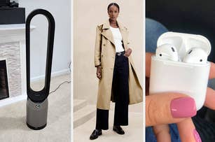 Dyson tower fan on carpet, model in a trench coat and black pants, and a hand holding Apple AirPods in a case