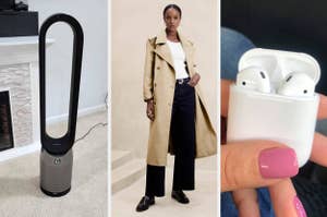 Dyson tower fan on carpet, model in a trench coat and black pants, and a hand holding Apple AirPods in a case