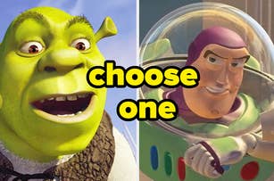 Shrek from Shrek on the left and Buzz Lightyear from Toy Story on the right with the text "choose one" in yellow between them