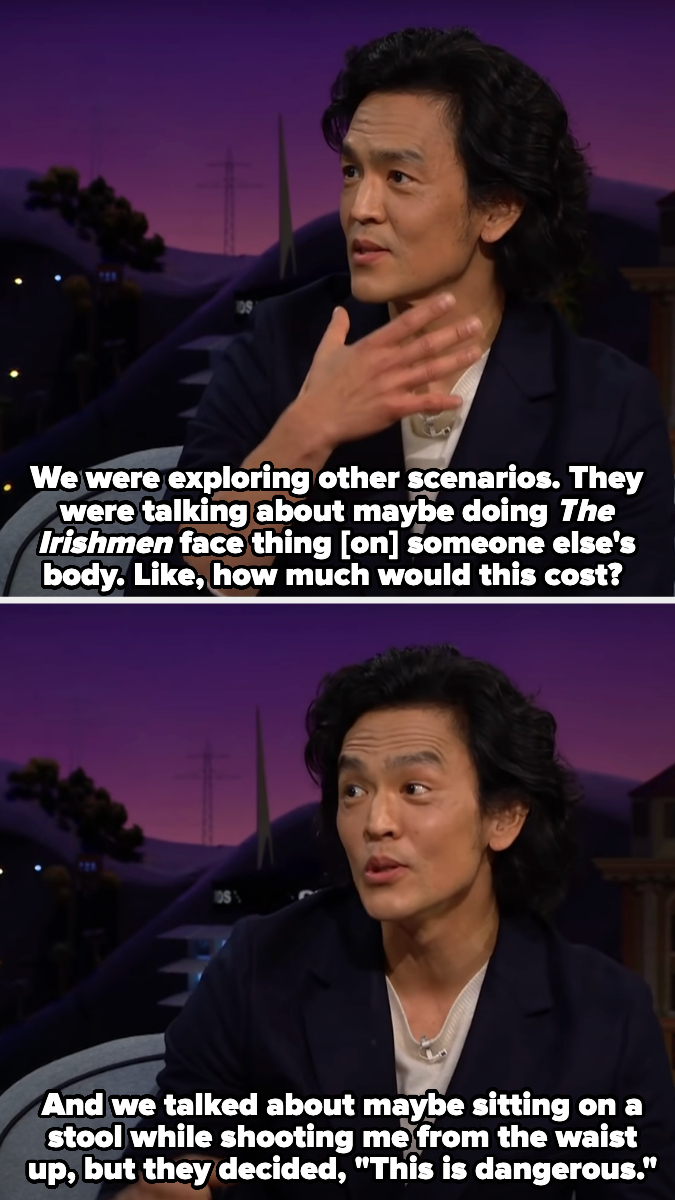 John Cho in a talk show interview discussing potential scenarios and costs for "The Irishman" face technology or shooting from the waist up