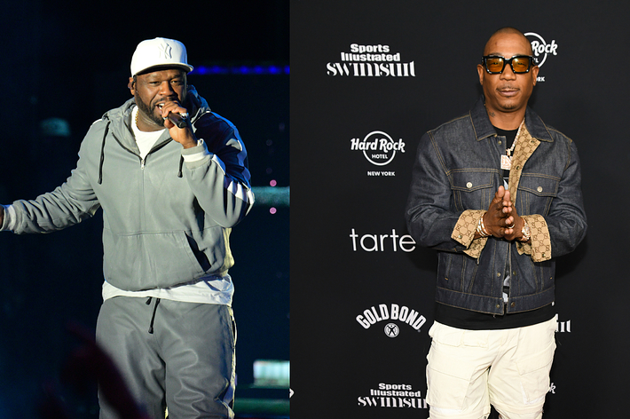 On the left, 50 Cent performs on stage in a casual outfit. On the right, Ja Rule poses on the red carpet in a denim jacket and sunglasses
