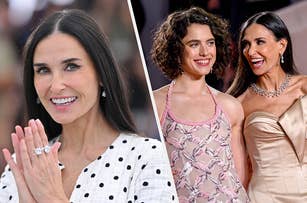 Demi Moore smiles, wearing a polka dot top on the left. On the right, she wears a strapless gown with Margaret Qualley, who wears a patterned dress