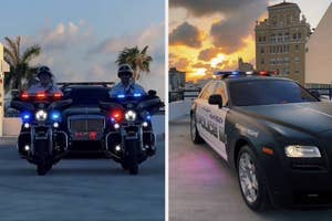 Two images: the left shows Miami police officers on motorcycles; the right shows a Miami police car. Both vehicles display flashing lights