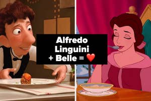 Alfredo Linguini from Ratatouille serving food. Belle from Beauty and the Beast eating soup. Text reads: "Alfredo Linguini + Belle = ❤️"