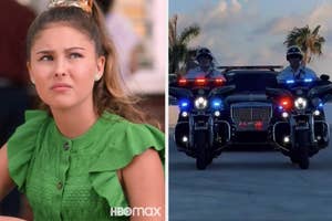 Woman in a green top from an HBO Max show looks concerned; beside, two police officers on motorcycles with flashing lights ride next to a police car