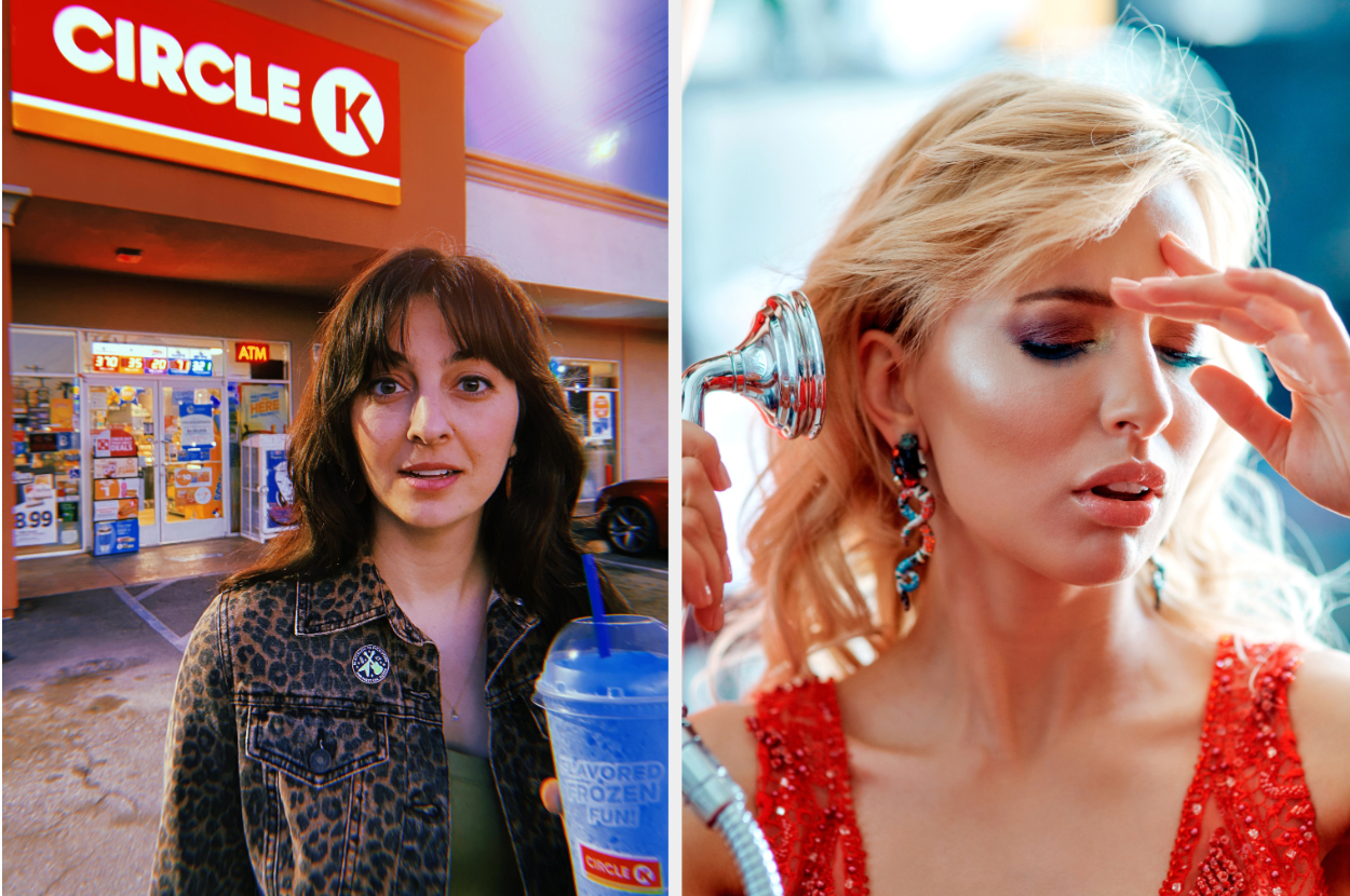 Kayla poses with a drink in front of a Circle K store. Elsa from Frozen, dressed elegantly, holds a shower head and touches her forehead