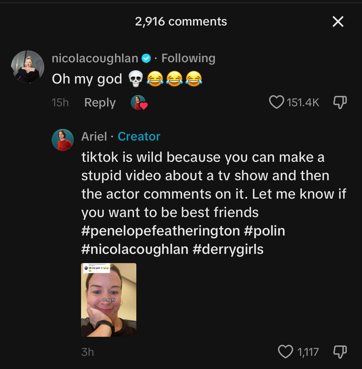 Instagram post showing Nicola Coughlan and a comment from Ariel. Nicola reacts with "Oh my god" and laughing emojis. Ariel responds about TV shows and actor comments