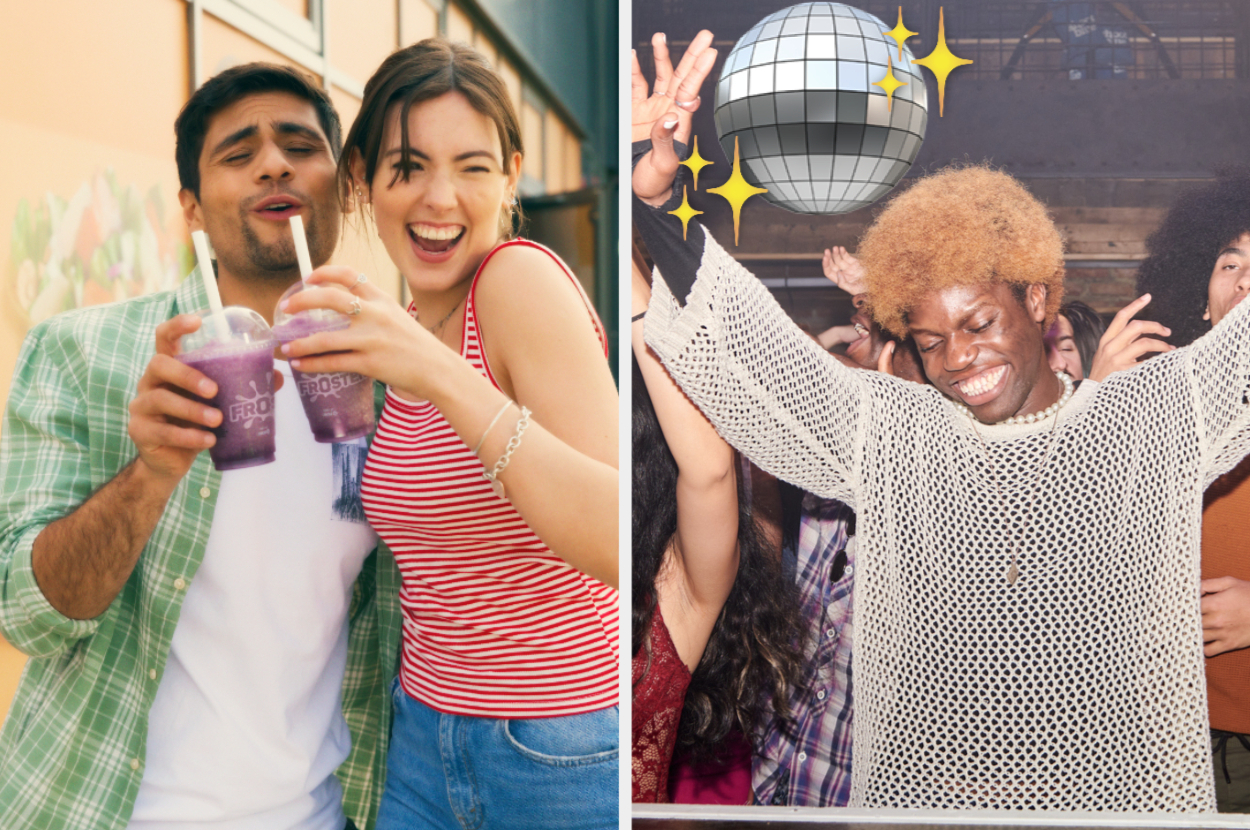 A man and woman smile holding drinks, while another person dances joyfully in a club under a disco ball