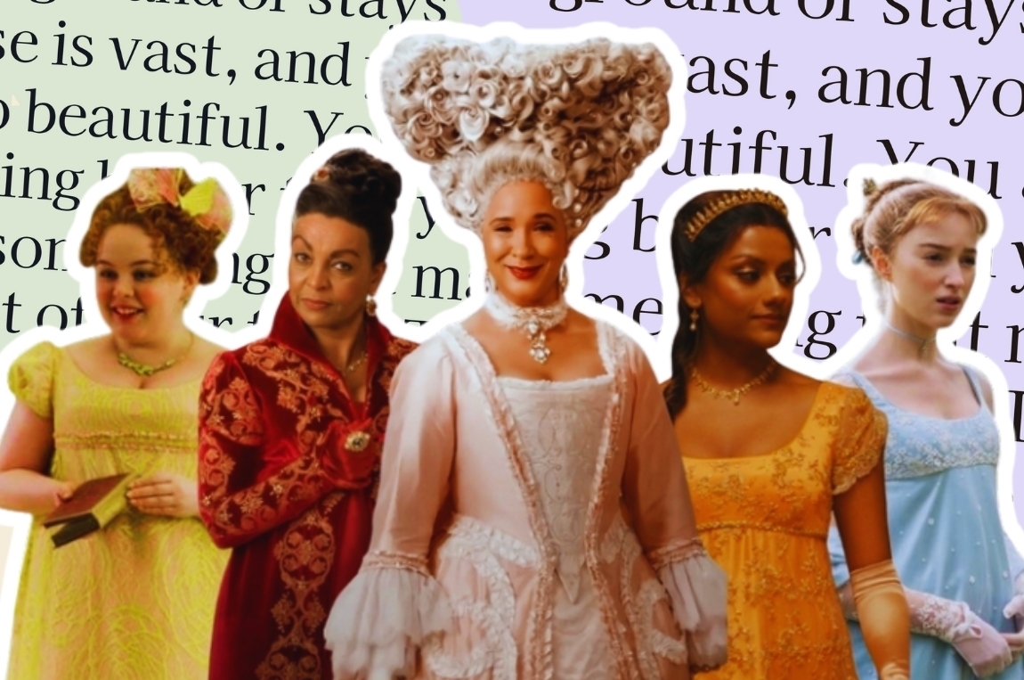 Adjoa Andoh, Nicola Coughlan, Polly Walker, Golda Rosheuvel, Simone Ashley y Phoebe Dynevor en vestidos de época de estilo Bridgerton. Texto de fondo borroso