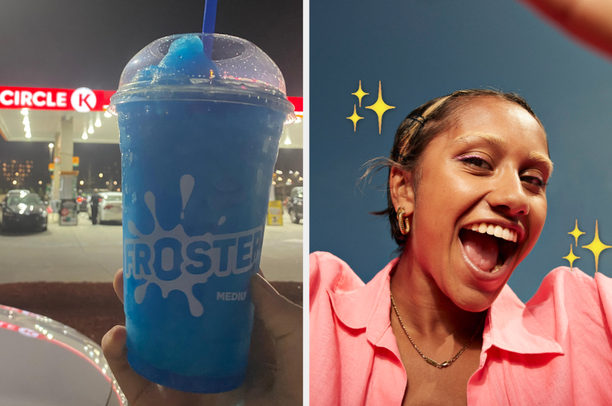 A person holds a blue Frosted drink in front of a Circle K gas station. Next to it, a woman in a pink shirt smiles excitedly