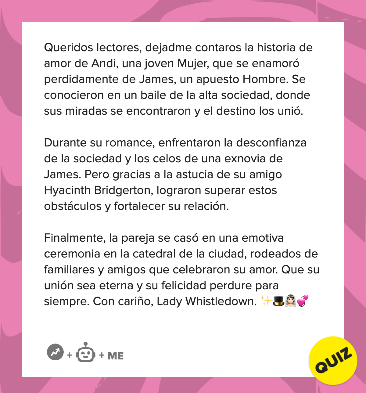 Resumen del texto: Historia de amor de Andi y James, enfrentan desafíos y se casan en una ceremonia emotiva, narrada por Lady Whistledown
