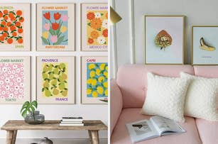 Two setups showcasing home decor: Wall 1 has six framed flower market posters labeled by cities. Wall 2 features a pink sofa with cushions and framed art above