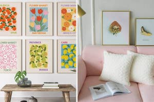 Two setups showcasing home decor: Wall 1 has six framed flower market posters labeled by cities. Wall 2 features a pink sofa with cushions and framed art above