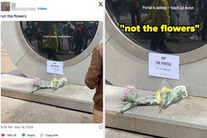 People placing flowers by a structure marked "RIP THE PORTAL 9/21-3/17 2024." A sign reads, "Portal is asleep - back up soon."