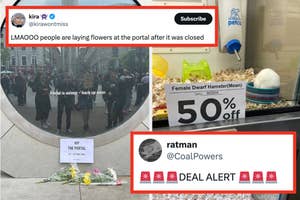 Tweet by kira (@kirawontmiss): "People are laying flowers at the portal after it closed." Image shows flowers in front of a display labeled "RIP The Portal." Tweet by ratman (@CoalPowers): "DEAL ALERT" over image of hamster cage, "Female Dwarf Hamster (Me
