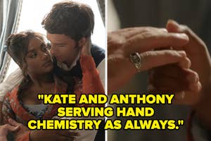 Simone Ashley and Jonathan Bailey in a romantic scene from Bridgerton. The text reads: "KATE AND ANTHONY SERVING HAND CHEMISTRY AS ALWAYS."
