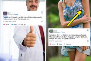Split image: Left shows a doctor pointing upwards near a tweet by @lordofsteel about urgent care. Right shows a woman in a sleeveless blouse next to a tweet by @sarahradz, highlighted by an arrow