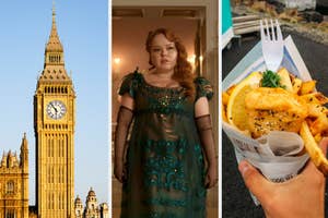 From left to right: Big Ben, Nicola Coughlan in a period dress, and a hand holding fish and chips in a paper wrap
