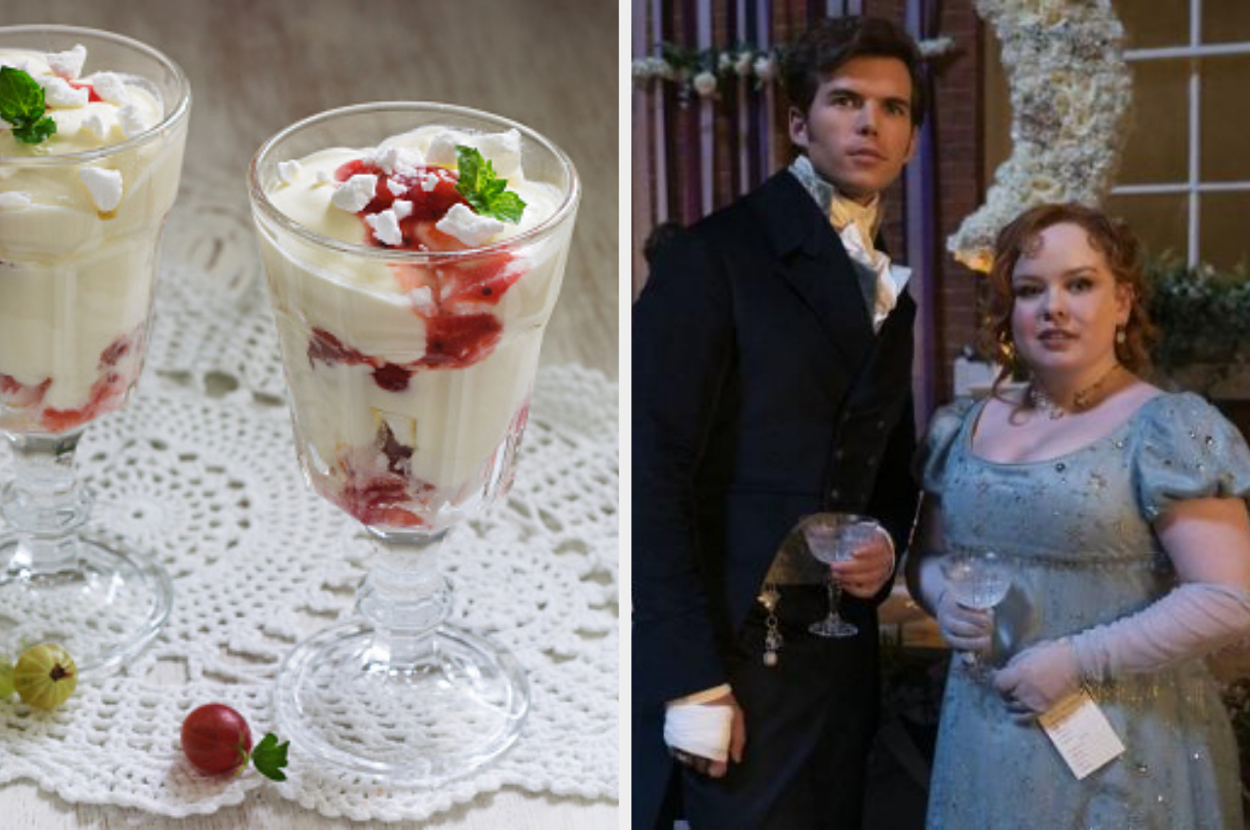Two glasses of layered dessert with whipped cream and berries on a doily; two people in formal historic attire holding goblets