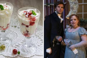 Two glasses of layered dessert with whipped cream and berries on a doily; two people in formal historic attire holding goblets