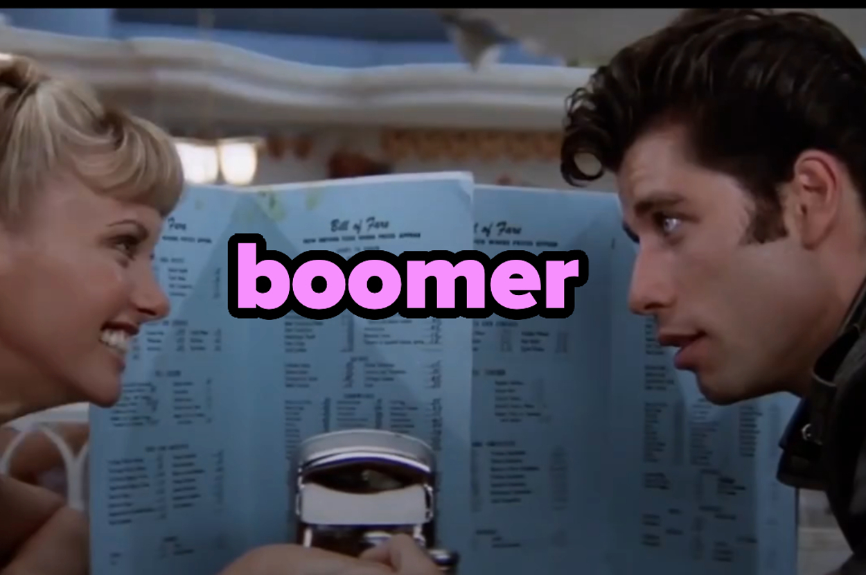 Image of a woman and man sitting at a diner table with menus. Large text in the image reads "boomer" and small text at the bottom says "The same? You can eat a lot."
