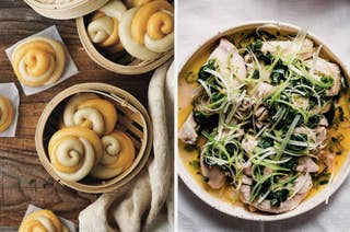 An image showing two types of food: baskets of spiral-shaped buns on the left and a bowl of chicken with greens and sauce on the right