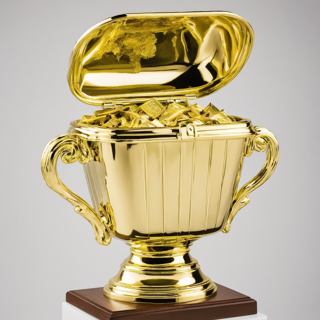 A golden trophy filled with gold bars, lid open with some bars sticking out at the top. The trophy is ornate and stands on a pedestal
