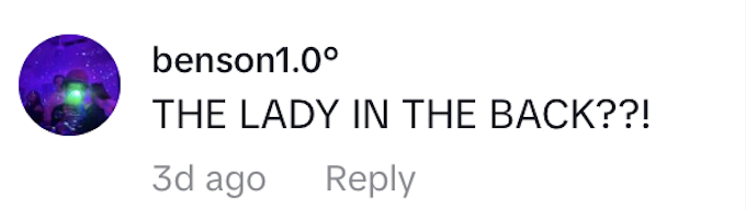 A comment by benson1.0° saying, "THE LADY IN THE BACK??!" posted 3 days ago