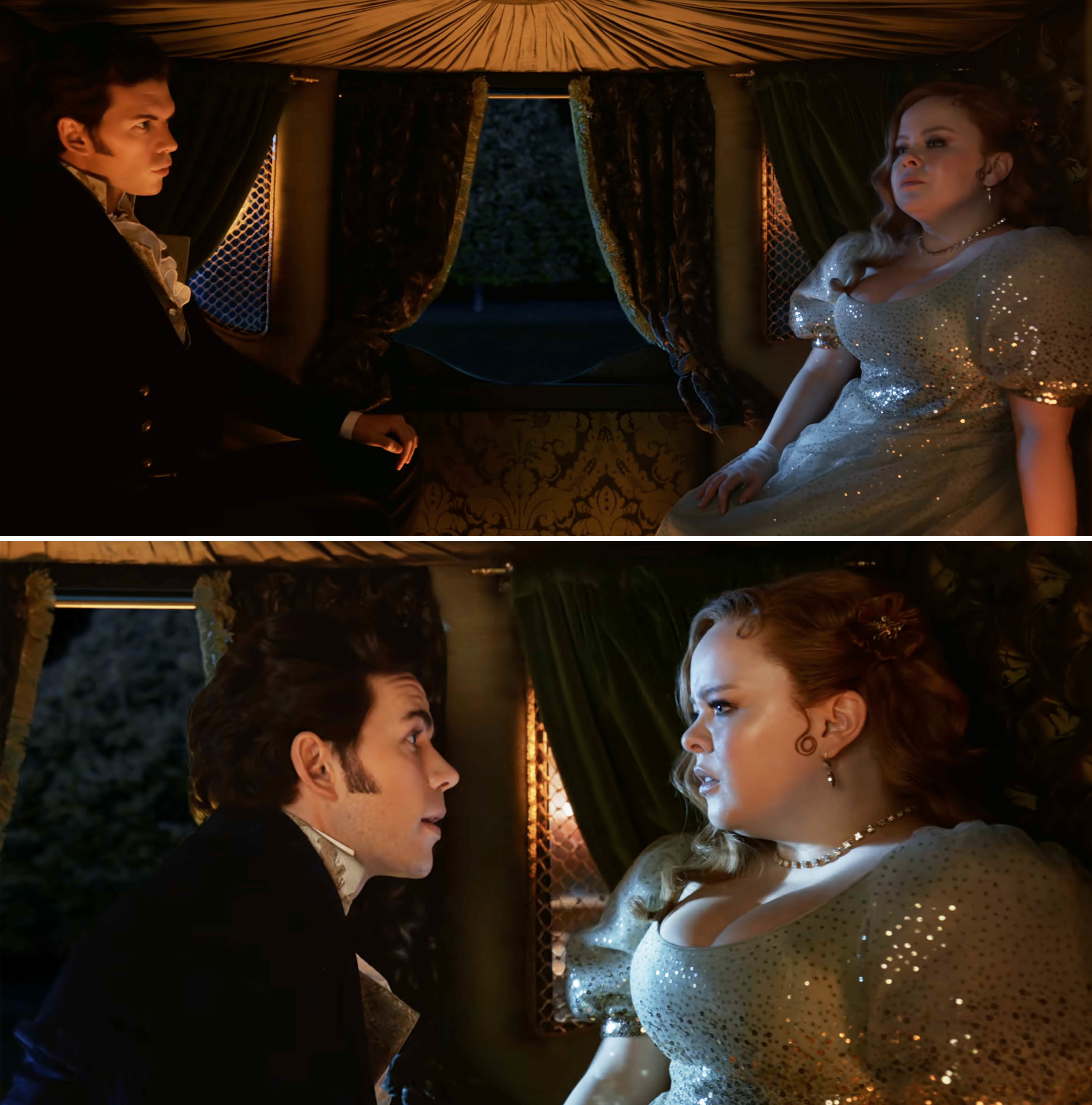 Luke Newton and Nicola Coughlan, in period clothing, sit facing each other in a dimly lit carriage in scenes from Bridgerton