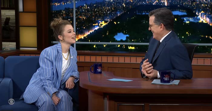 Claudia Jessie and Stephen Colbert on &quot;The Late Show&quot; chatting