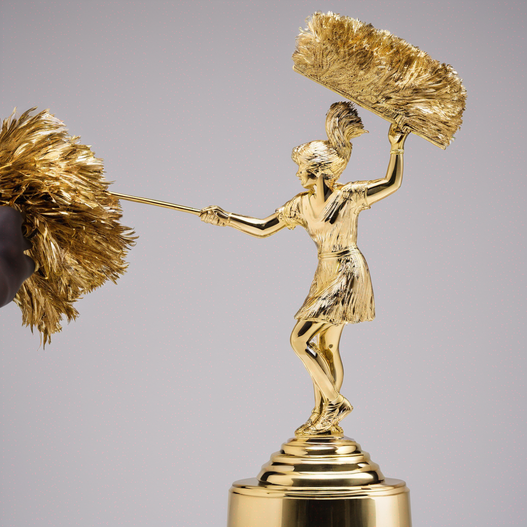 Golden trophy shaped like a person in a skirt holding cleaning tools, featuring a spindle duster