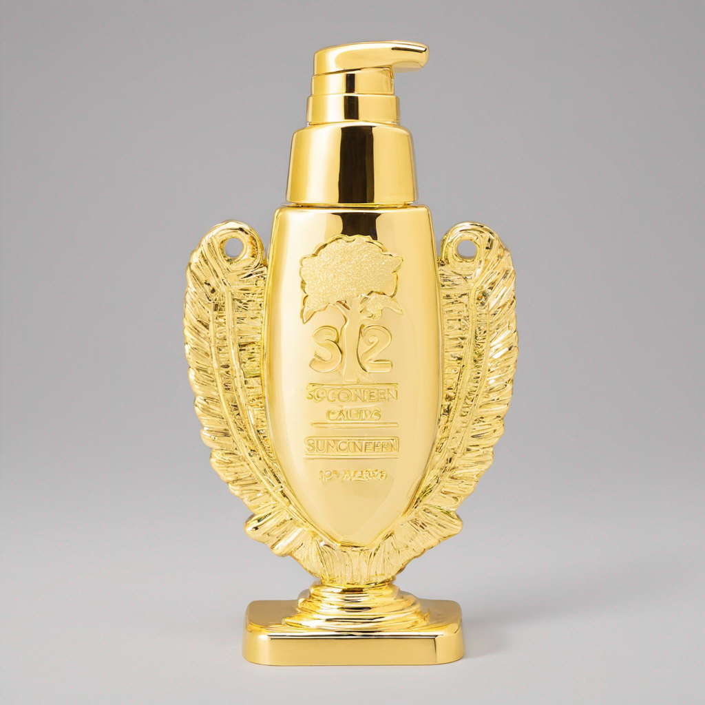 A gold lotion bottle designed like a trophy with a pump dispenser. It has engraved text and decorative elements resembling feathers