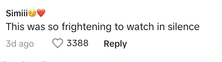 Simiii commented on a post, "This was so frightening to watch in silence," with a heart and kiss emoji; 3,388 likes, 3 days ago, and a reply option
