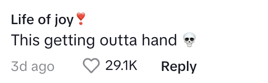 Text comment reads: "Life of joy. This getting outta hand." with heart and skull emojis. It was posted 3 days ago and has 29.1K likes