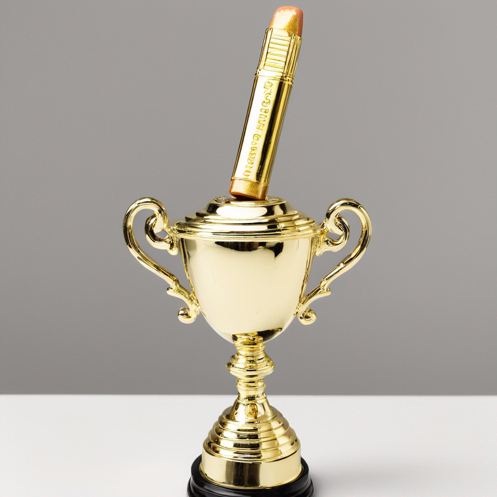 A golden trophy holding a large novelty pencil with the words "No. 2 Pencil Sharpener" engraved on it