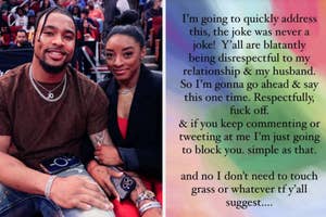 Jonathan Owens and Simone Biles sitting together; text beside them addresses disrespect toward their relationship, threatens to block disrespectful comments, and dismisses negative suggestions