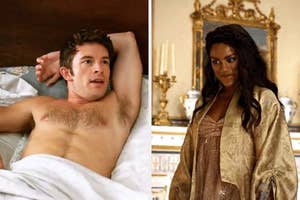 Jonathan Bailey lies in bed shirtless with a white sheet covering him; Simone Ashley stands in an ornate room wearing a period costume