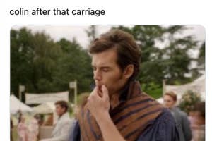 Henry Cavill on a TV show set, dressed in period clothing, with the caption "colin after that carriage" above