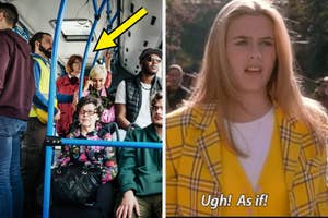 On the left, a crowded bus scene with an arrow pointing to a blonde woman with glasses. On the right, a scene from "Clueless" showing Cher Horowitz saying, "Ugh! As if!"
