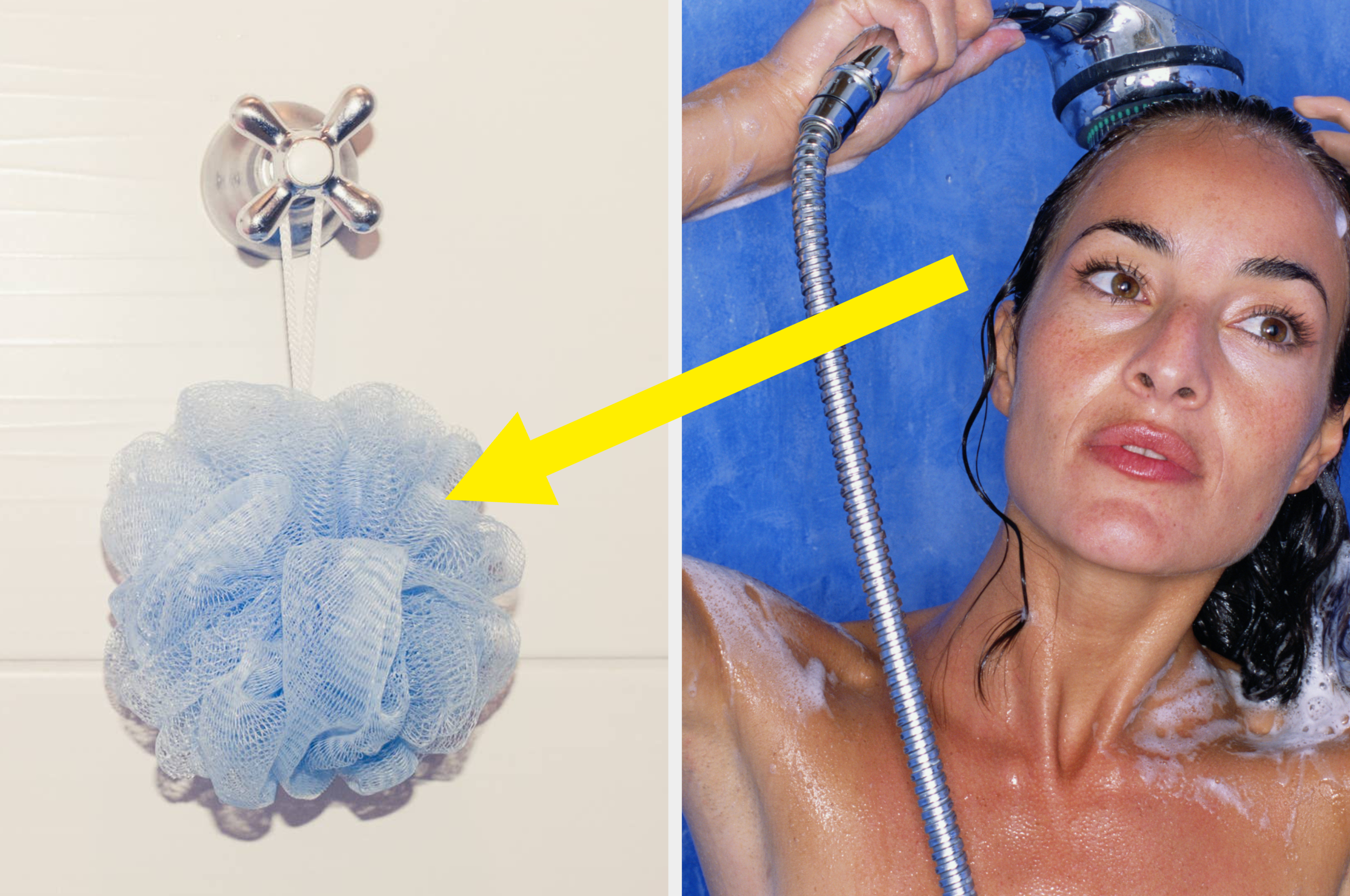 Two-part image: Left shows a blue loofah on a hook; right shows a woman using a shower head with soap on her face and body
