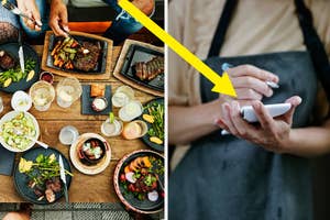 Close-up of a table with various food dishes and drinks on the left, and a person in an apron using a smartphone on the right. No names available