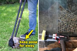 A person uses a pooper scooper to pick up dog waste in grass. A power scrubber cleans a tiled shower wall. Text reads: "keep poop far away."
