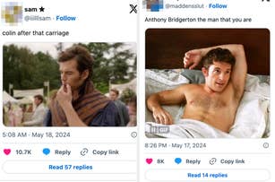 Left: Colin Bridgerton from "Bridgerton" pensively touches his chin outdoors. Right: Anthony Bridgerton from "Bridgerton" sits shirtless in bed