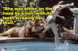 A lion attacks a woman by a pool; a quote reads, "She was bitten on the head by a lion, with its teeth scraping her skull."