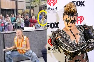 Left: Actress Sophie Turner dancing energetically outside with fans watching, one circled in yellow. Right: Sophie Turner posing on the iHeartRadio red carpet in a detailed, black and silver costume