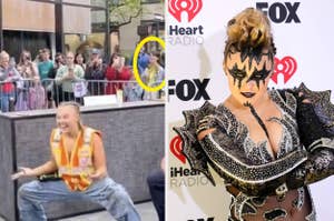 Left: Actress Sophie Turner dancing energetically outside with fans watching, one circled in yellow. Right: Sophie Turner posing on the iHeartRadio red carpet in a detailed, black and silver costume